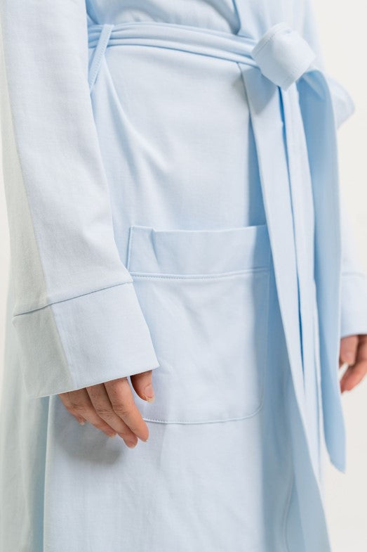 close up details light blue Pima robe and belt
