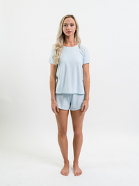 Women's Pima Crew Lounge Short Set | Lt Blue Mini Stripe