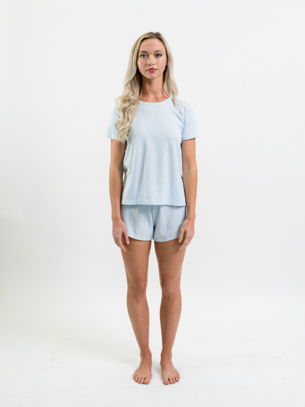 Women's Pima Crew Lounge Short Set | Lt Blue Mini Stripe