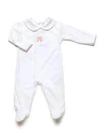 White Pima cotton white footie with hand embroidered pink bow