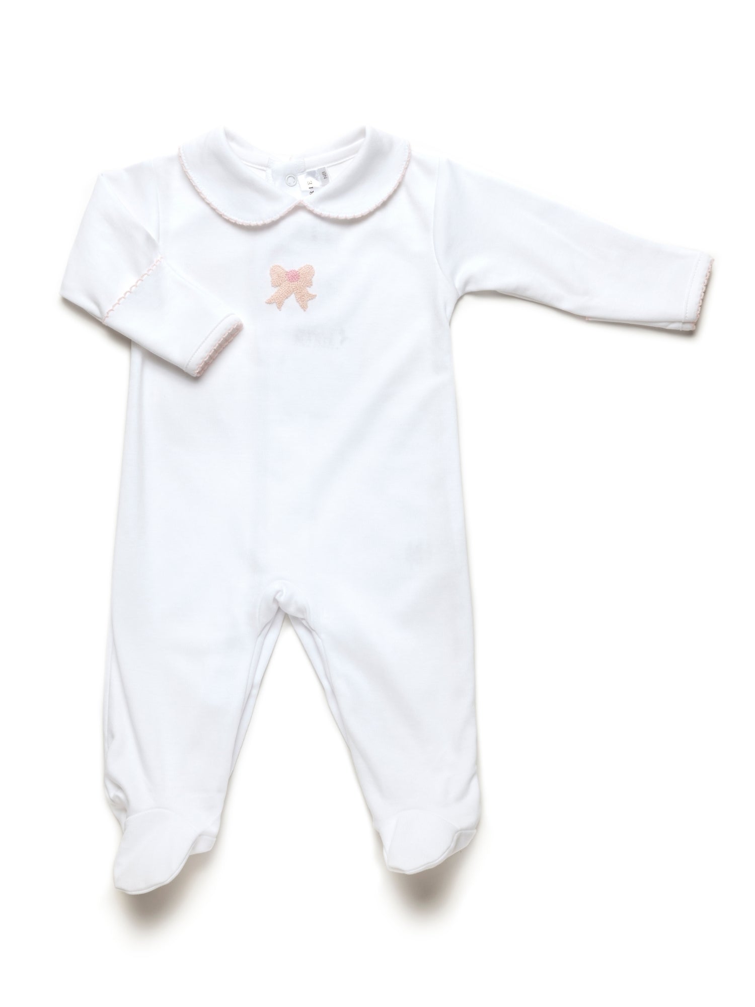 White Pima cotton white footie with hand embroidered pink bow