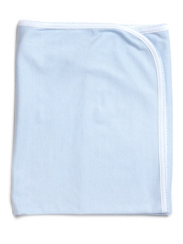 Pima Cotton Picot Trim Baby Blanket - Lt Blue Mini Stripe