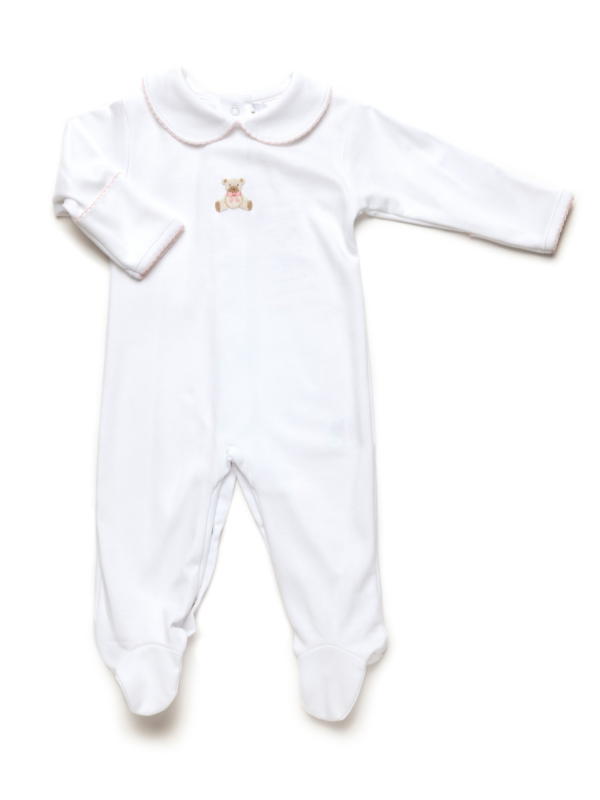 Pink Teddy Bear Collared Pima Footie | White/Lt Pink