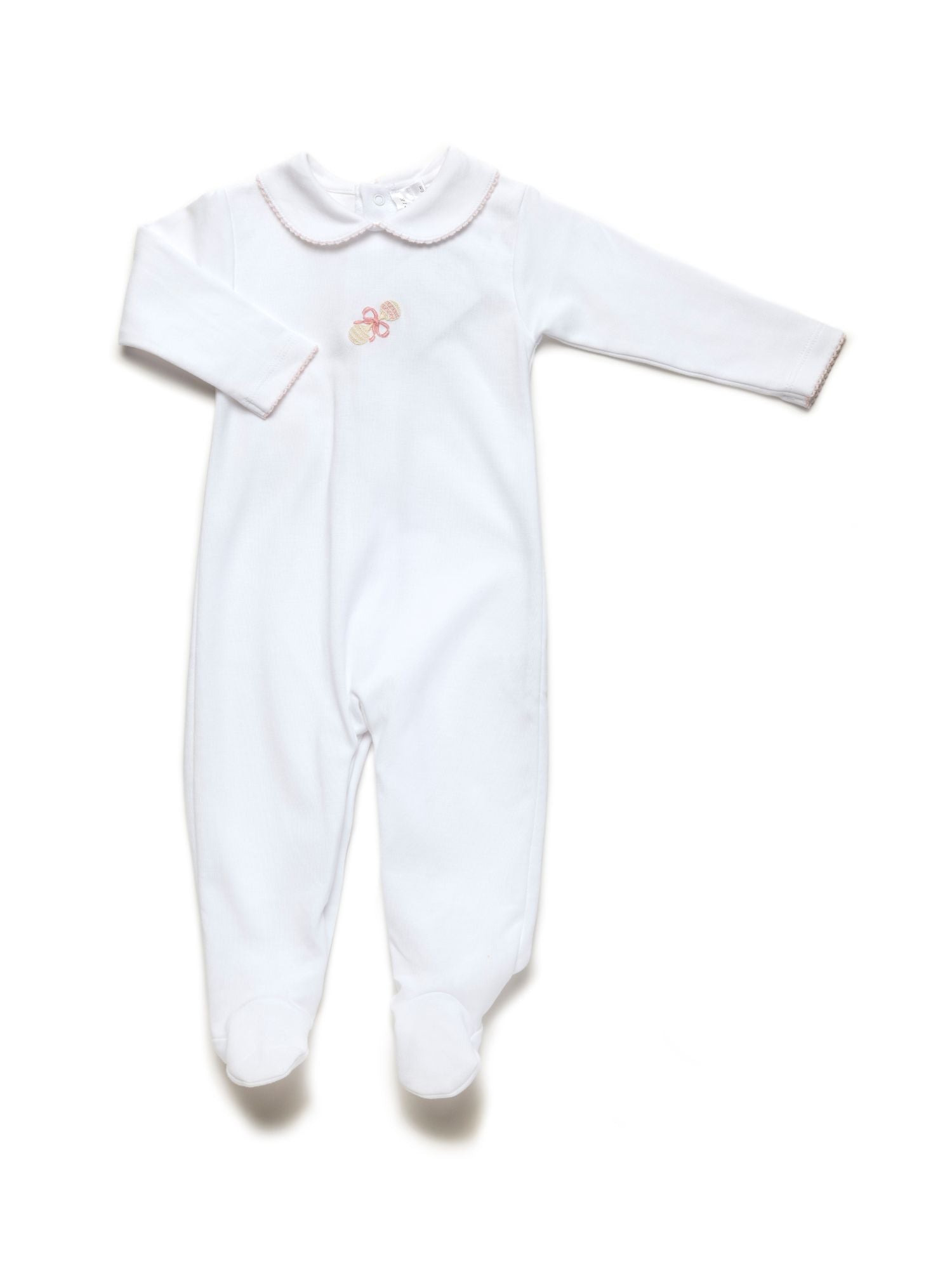 Pink Heirloom Rattle Collared Pima Footie | White
