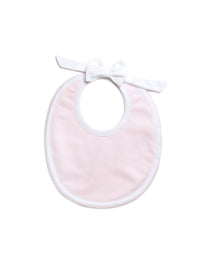 light pink mini stripe baby bib with white bow snap closure