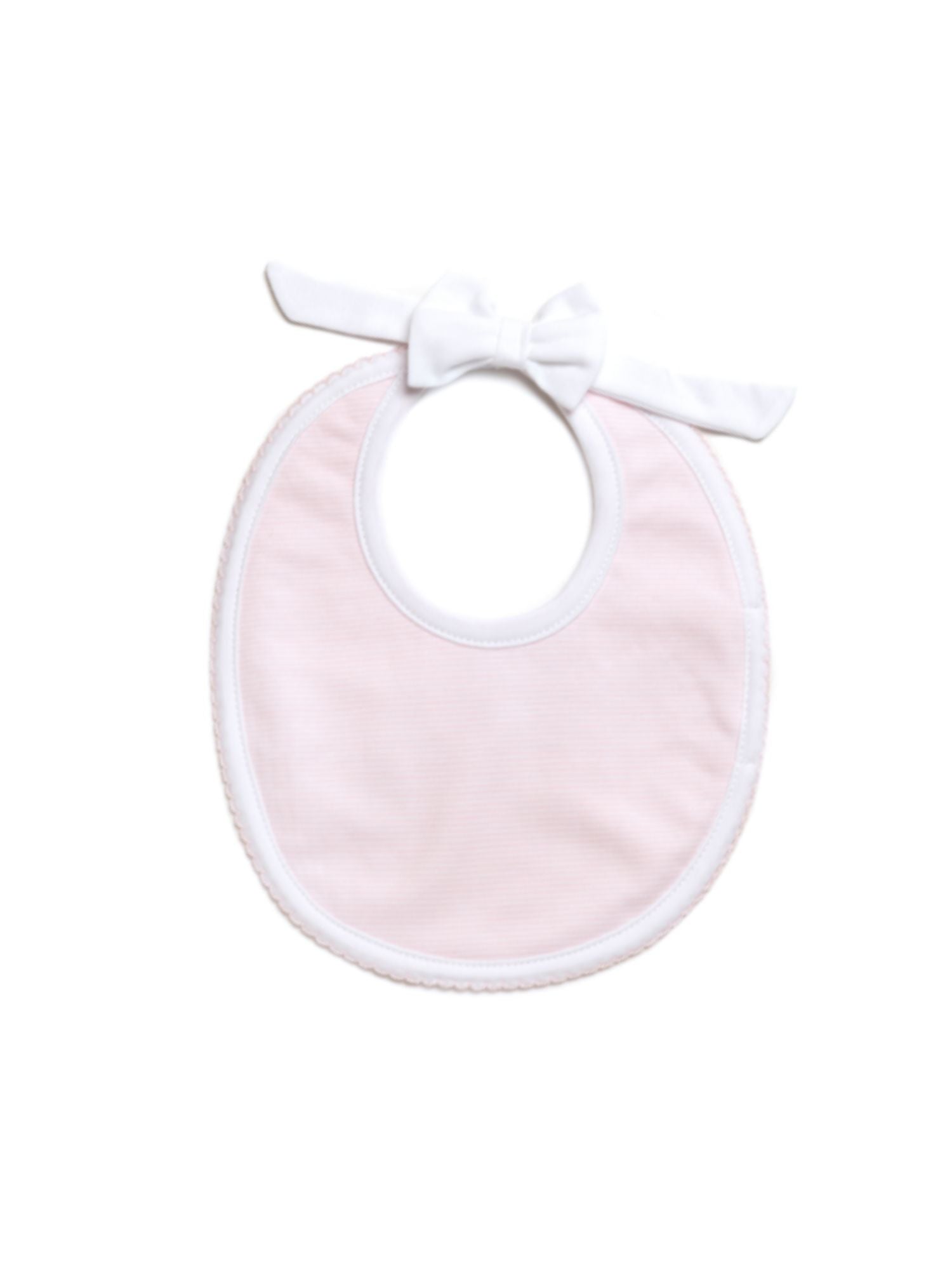 light pink mini stripe baby bib with white bow snap closure