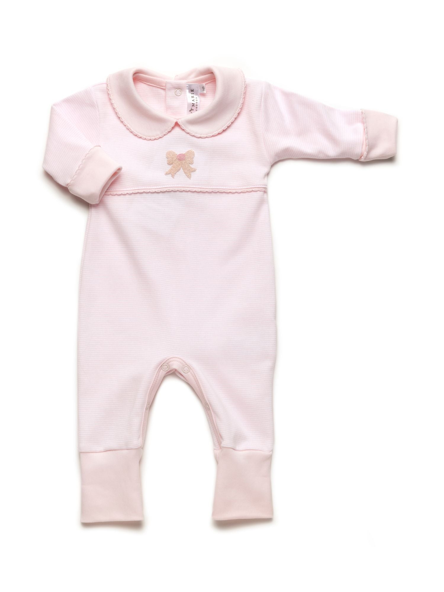 A light pink playsuit for babies with a classic bow detail and long sleeves, made from pima cotton.