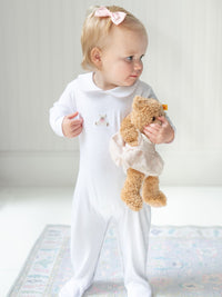 Pink Teddy Bear Collared Pima Footie | White/Lt Pink