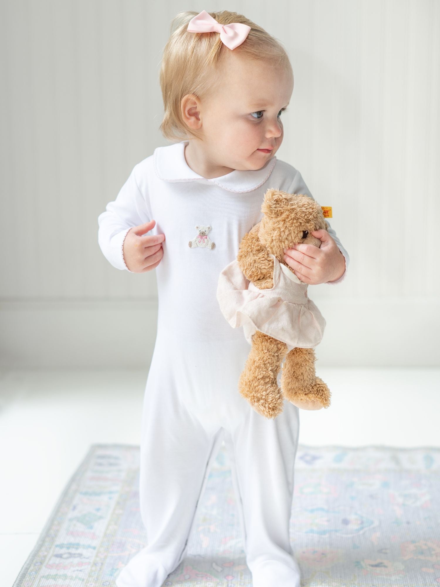 Pink Teddy Bear Collared Pima Footie | White/Lt Pink