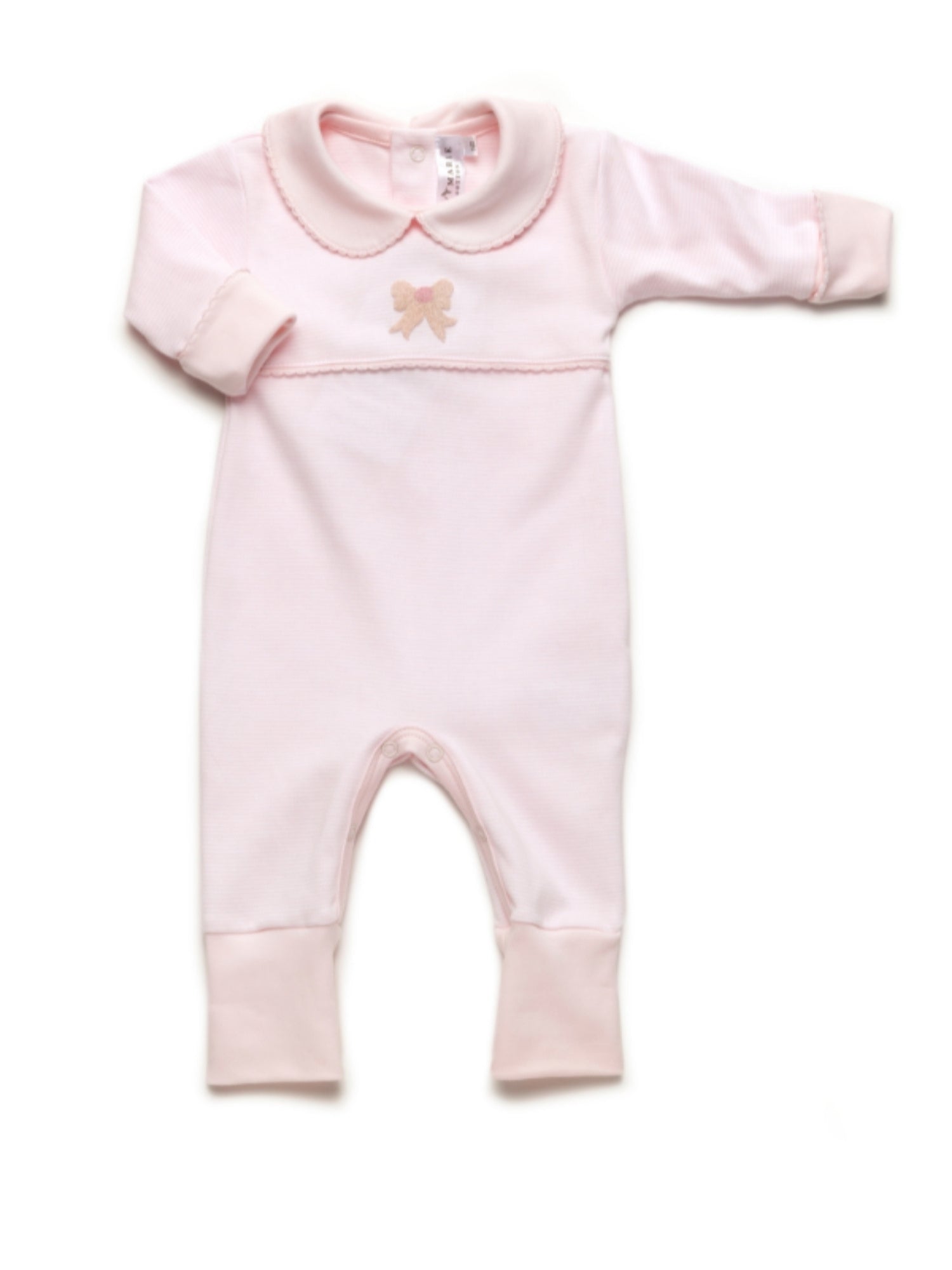 Pink baby onesie with a small design on a white background