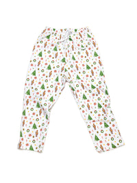Christmas-themed pajama pants on a white background