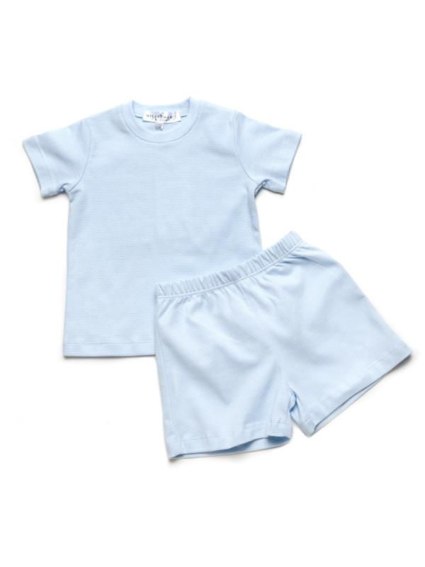 Short Sleeve Pima Baby Short Set | Lt Blue Mini Stripe
