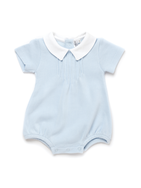 blue short sleeve baby bubble with pointed collar