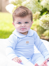 Spotted Boy Puppy Pima Playsuit | Lt Blue Mini Stripe