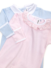 Ruffled Collar Pima Cotton Footie | Lt Pink Mini Stripe