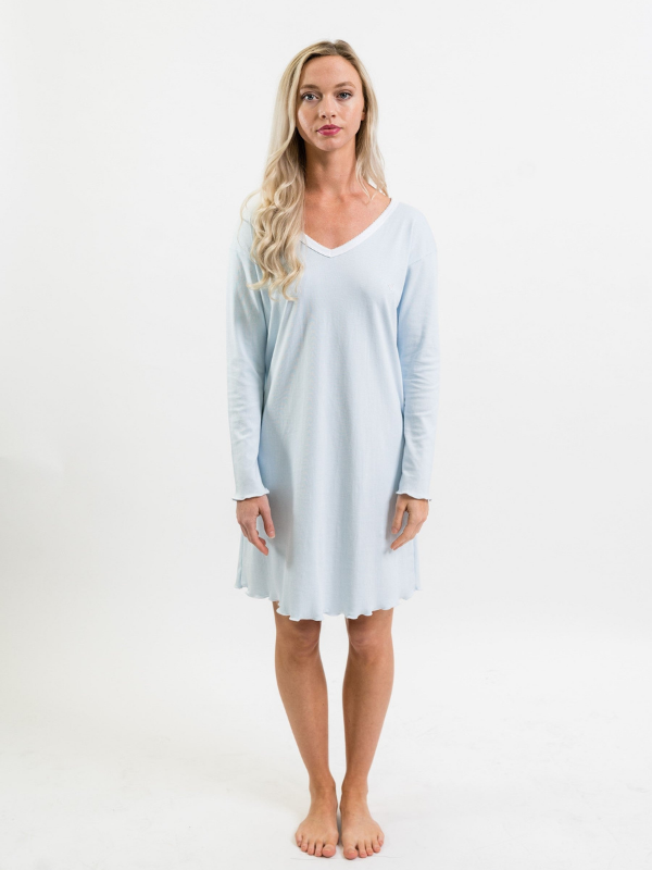 Ms. Helen Long Sleeve Pima Cotton Nightgown | Blue Mini Stripe