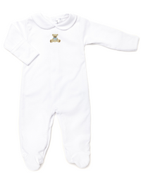Blue Teddy Bear Pima Collared Footie | White/Lt Blue