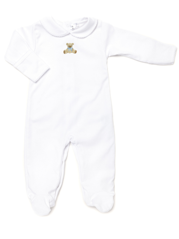 Blue Teddy Bear Pima Collared Footie | White/Lt Blue