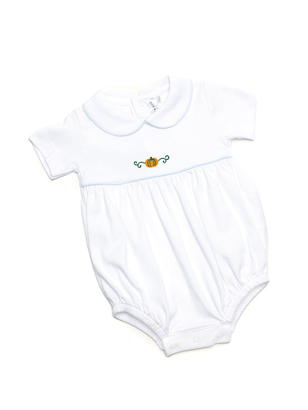 White baby bubble with short sleeves, blue piping, and a hand embroidered pumpkin on the chest.