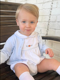 Child wearing a light blue outfit with a white bib sitting on a wooden swing.