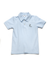 A light blue mini stripe short-sleeved polo shirt with a hand-embroidered blue cowboy boot on the chest.
