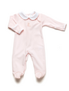 A light pink long-sleeved baby footie with a white round collar and picot trim, featuring cowgirl boot hand embroidery with pink stars