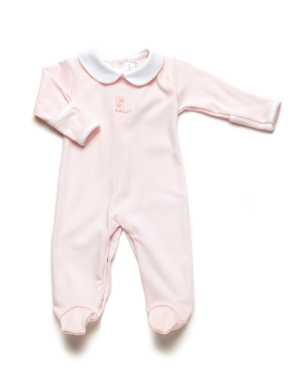 A light pink long-sleeved baby footie with a white round collar and picot trim, featuring cowgirl boot hand embroidery with pink stars