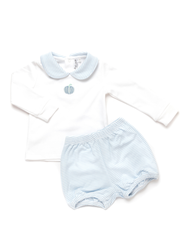 A baby's white and light blue striped bloomers set with a blue pumpkin embroidered on the shirt.