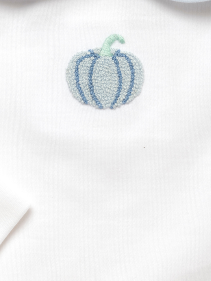 Hand-embroidered blue pumpkin on a white background