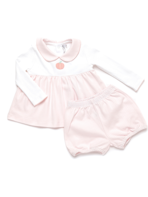 A set of white and pink striped baby bloomer and long sleeve top with a pumpkin embroidery.