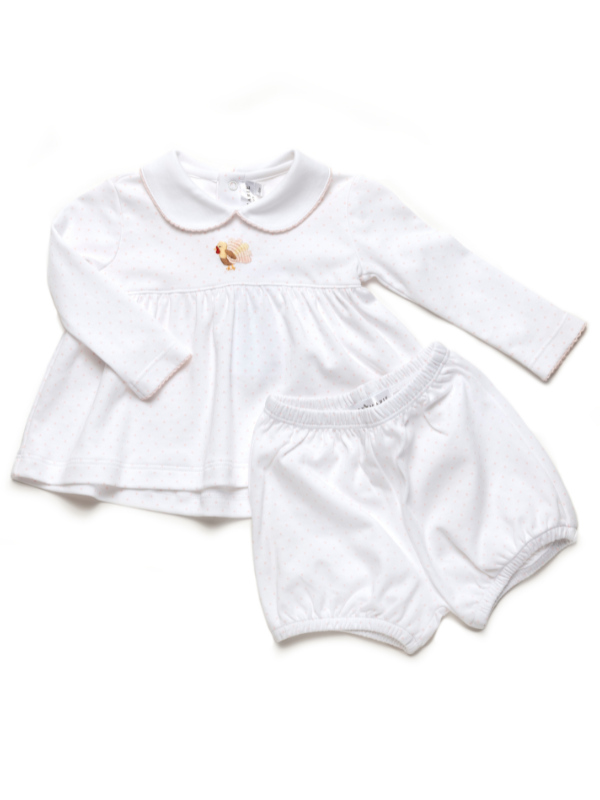 Pink Feather Turkey Pima Bloomer Set | Lt Pink Bitty Dot