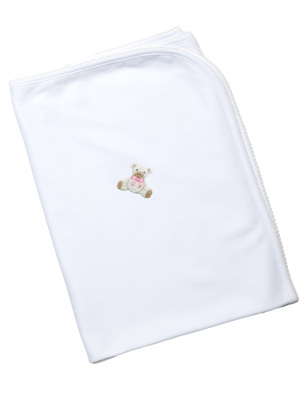 Pink Teddy Bear Pima Baby Blanket | White/Lt Pink