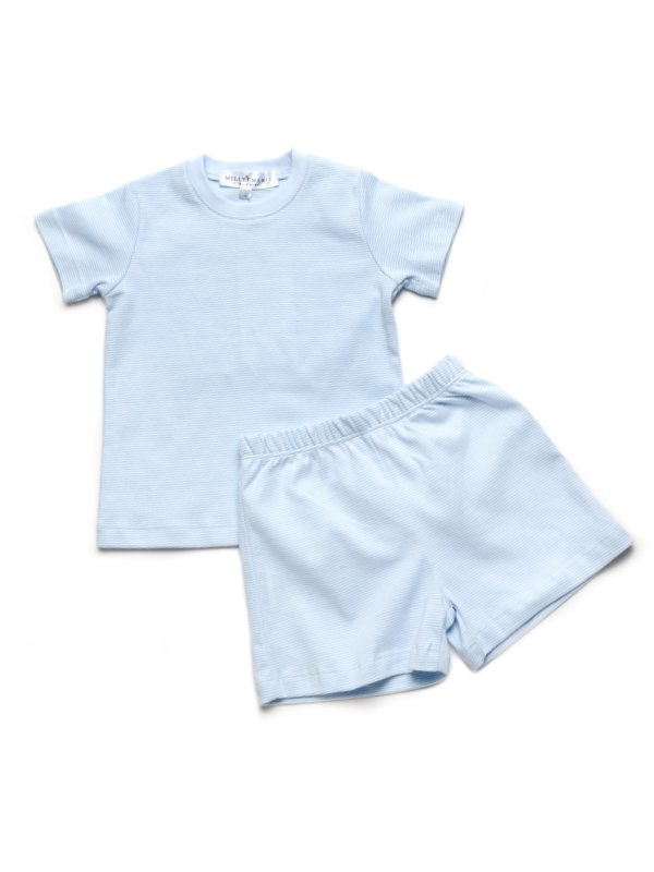 A set of light blue striped clothing for a boy, including a short-sleeved t-shirt and shorts, laid flat on a white background.