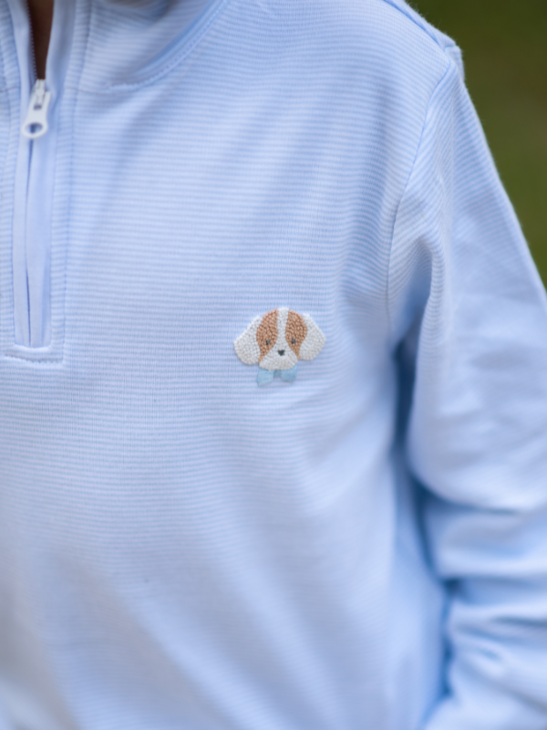 Spotted Puppy Half Zip Baby Pullover Set | Lt Blue Mini Stripe