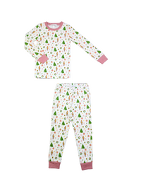 A two-piece unisex pajama set for children, featuring a long-sleeve top and matching pants with a Christmas-themed print including trees and presents.