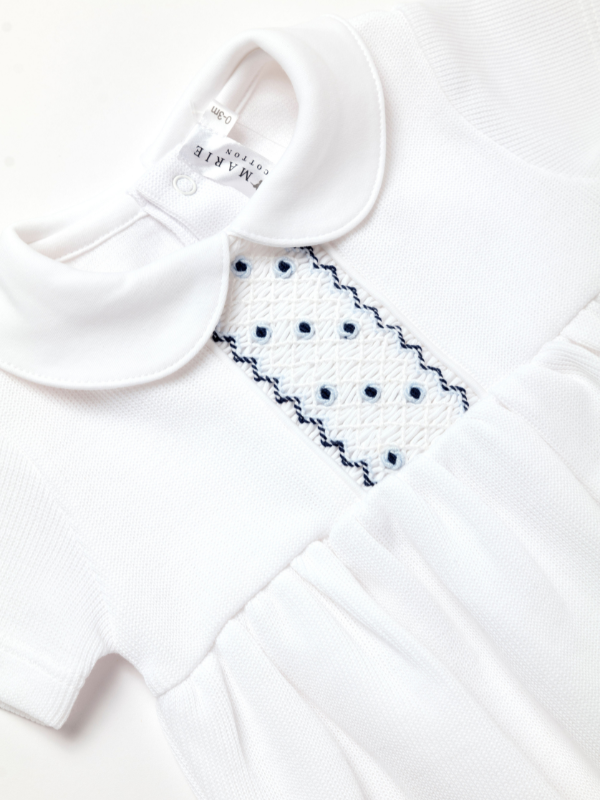 White special Pima Knit Baby Bubble with vertical smocking plate