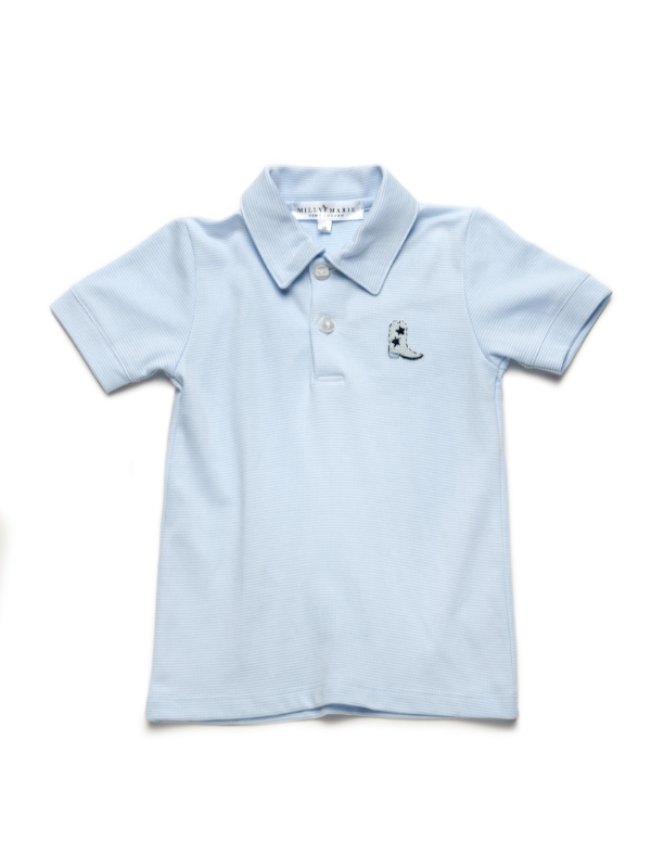 A short-sleeved blue polo shirt with a striped pattern and a hand embroidered blue cowboy boot on the front.