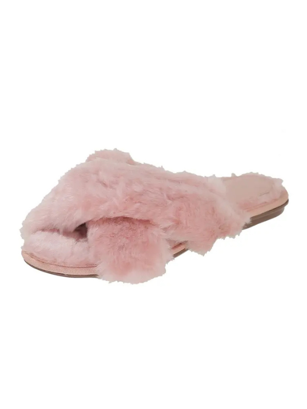 Valentina-Cross Strap Fluffy Open-Toe Slippers Rose