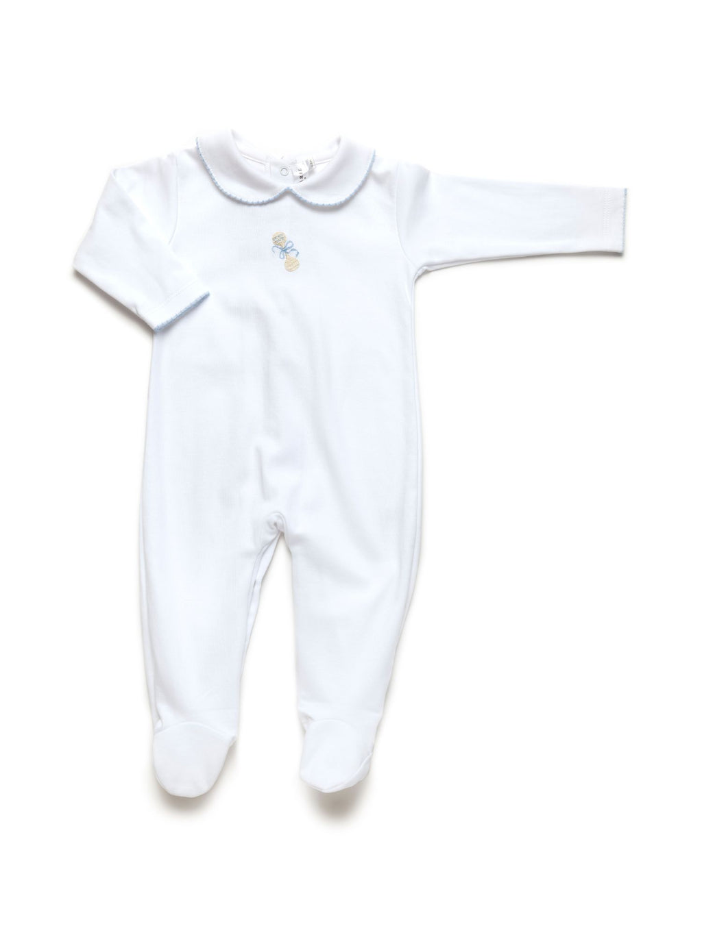 Blue Heirloom Rattle Collared Pima Footie | White – Milly Marie