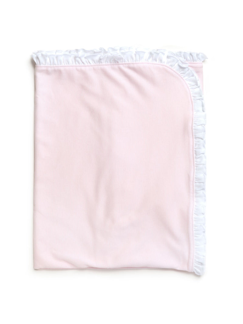 Pima Cotton Ruffle Trim Baby Blanket | Lt Pink Mini Stripe