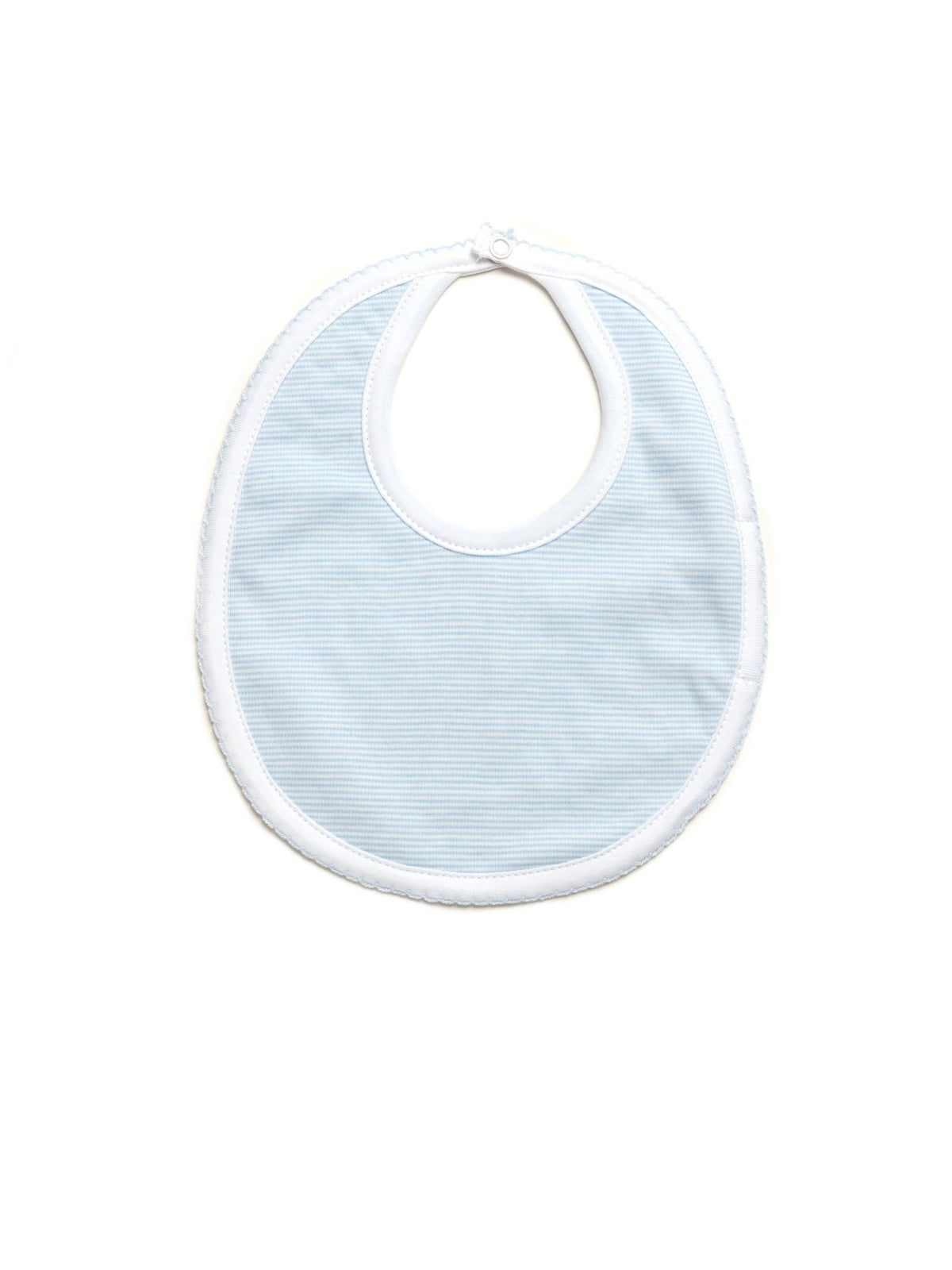 A light blue mini stripe Pima cotton baby bib with a white trim and a snap closure at the neck.