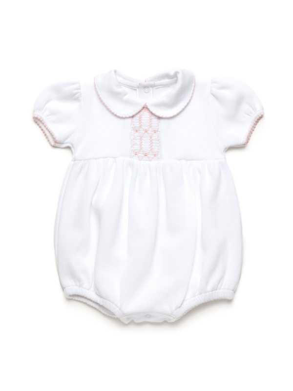 Clara Hand Smocked Special Knit Bubble | White/Lt Pink