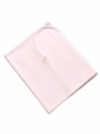 A light pink baby blanket with a hand-embroidered cowgirl boot with stars at the corner.