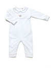 White baby onesie with a small design on a white background