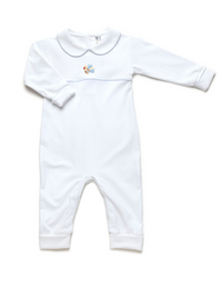 White baby onesie with a small design on a white background