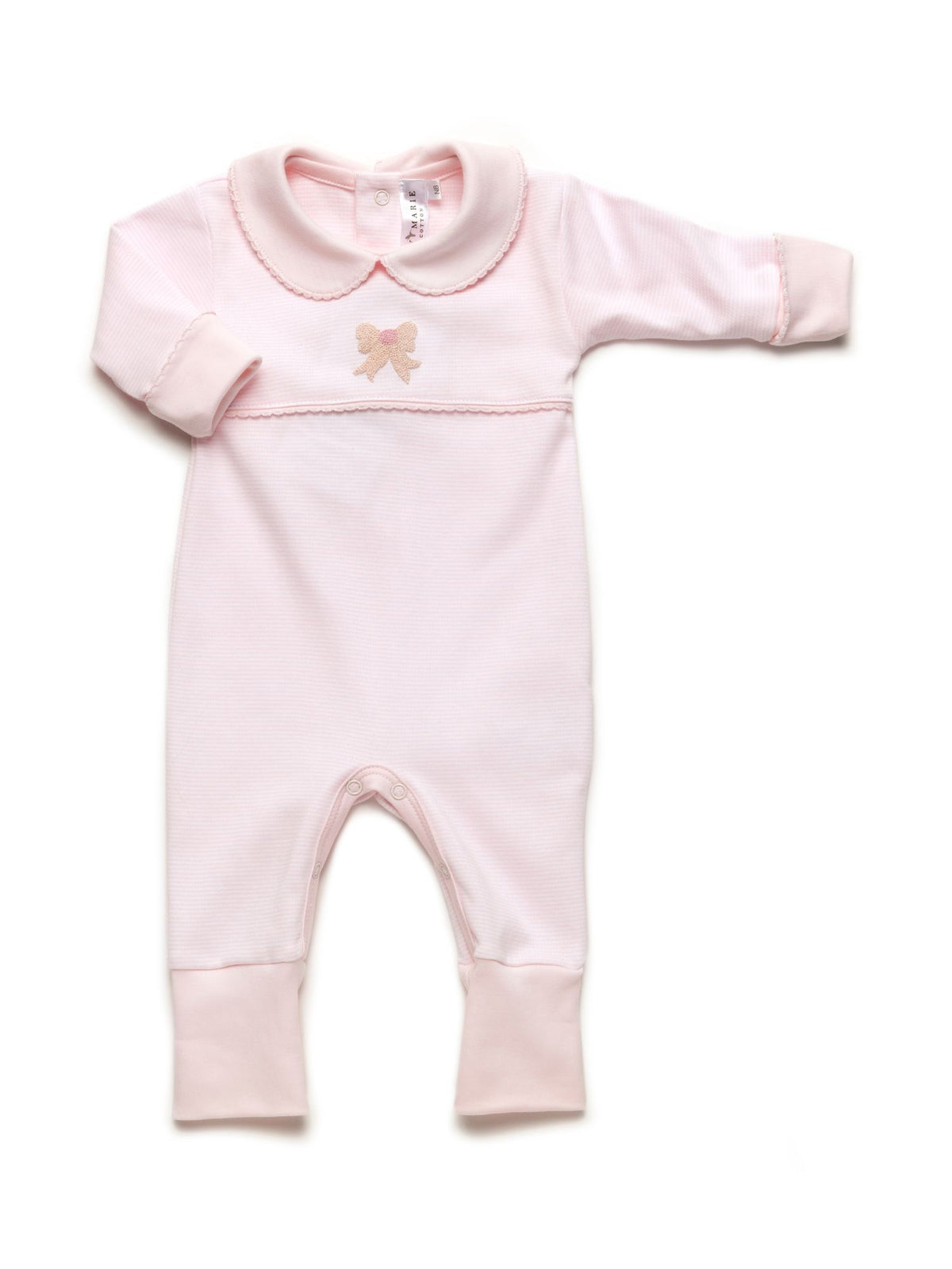 A light pink playsuit for babies with a classic bow detail and long sleeves, made from pima cotton.