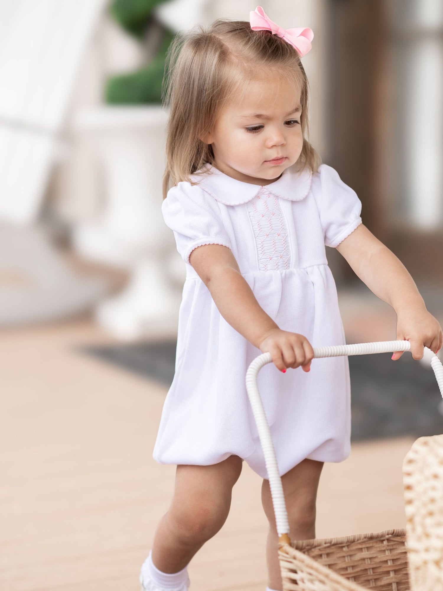 Clara Hand Smocked Special Knit Bubble | White/Lt Pink