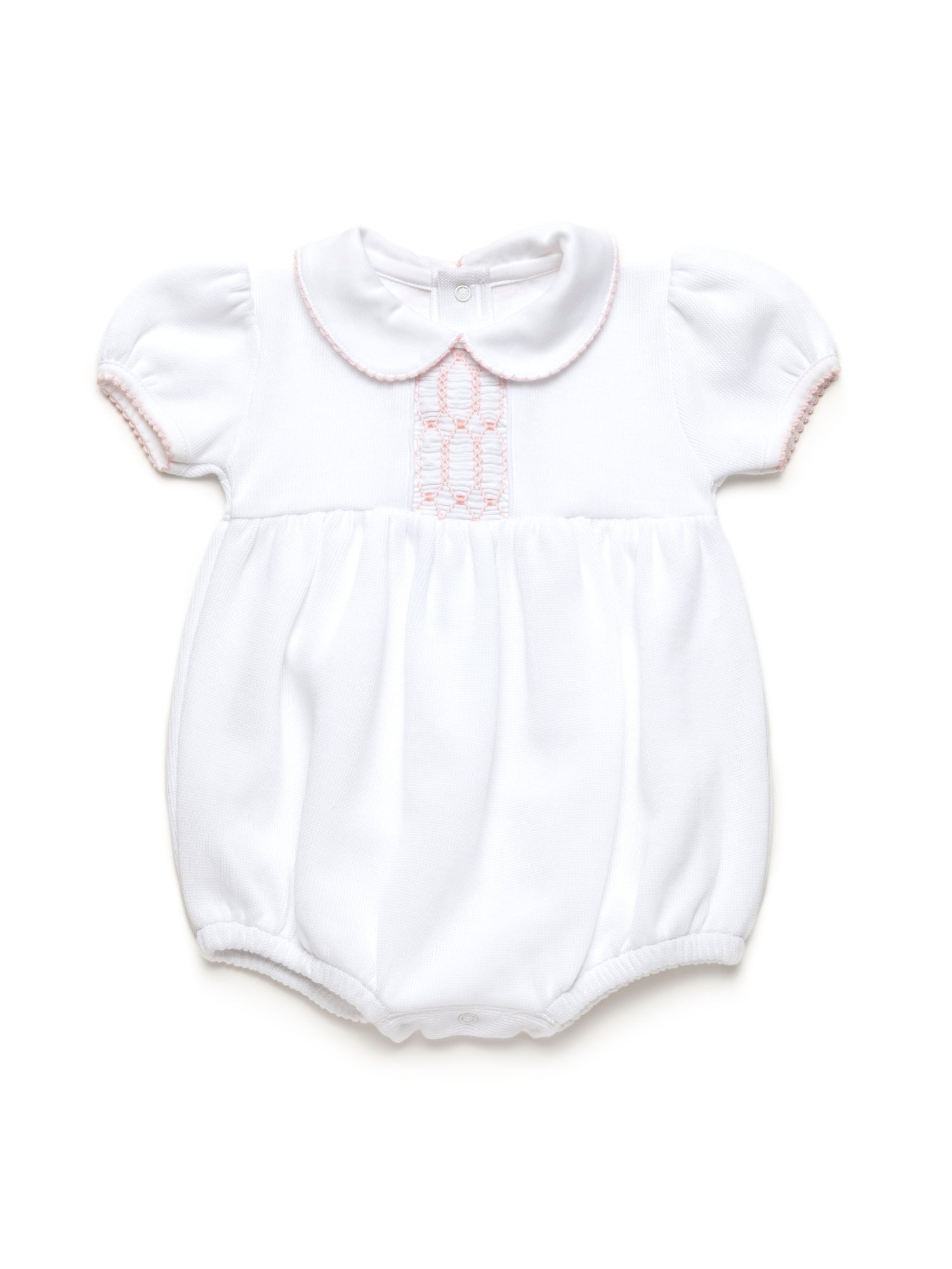 Clara Hand Smocked Special Knit Bubble | White/Lt Pink