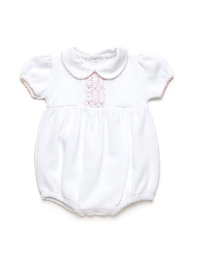 Clara Hand Smocked Special Knit Bubble | White/Lt Pink