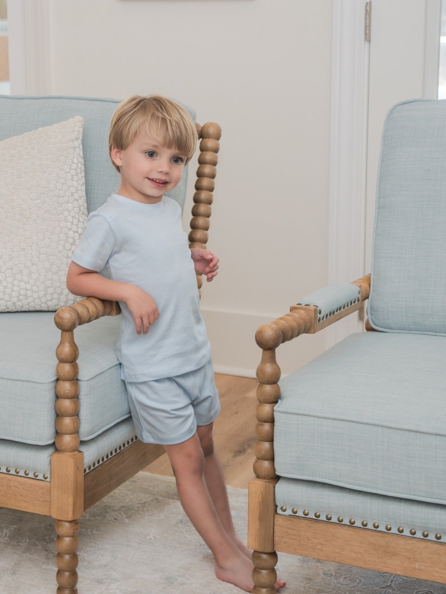 Short Sleeve Pima Baby Short Set | Lt Blue Mini Stripe